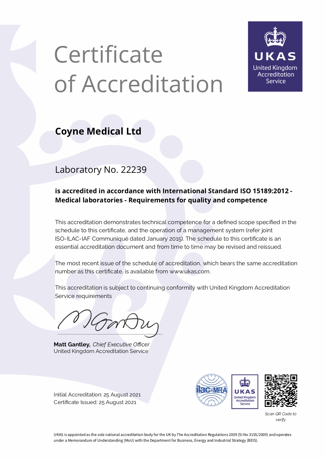 Coyne Medical UKAS Certificate of Accrediation